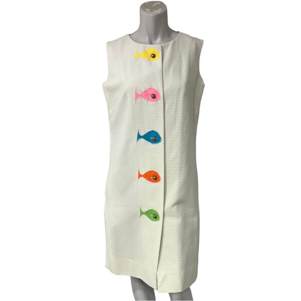 Vtg 80s Waffle Knit Big Buttons Fish Embroidery Dress - Picture 7 of 7